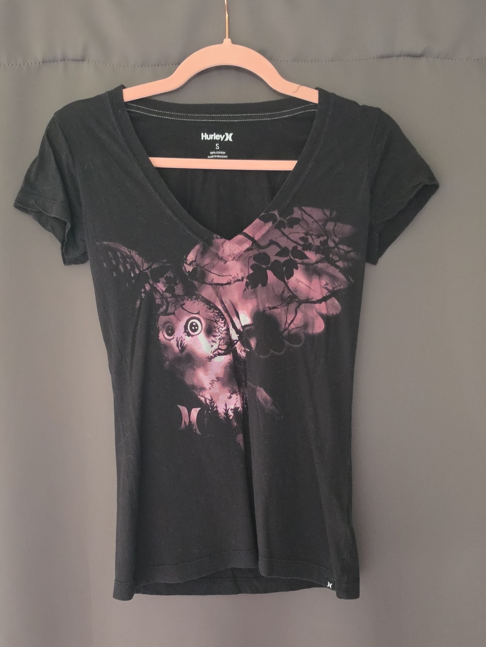 Hurley Black V-Neck Tee with Pink Owl Graphic